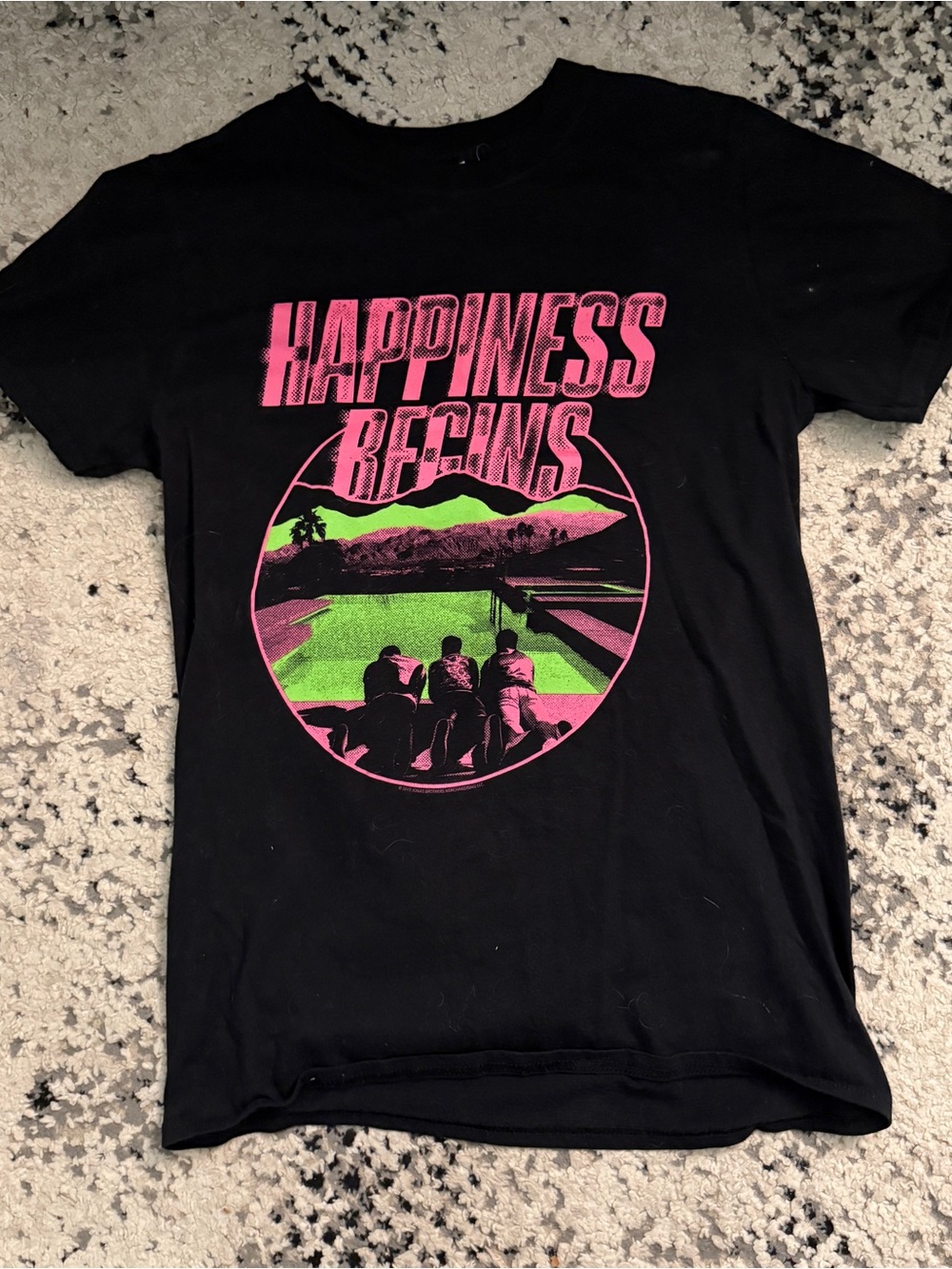 Happiness Begins Graphic Tee - Black with Pink & Green Print